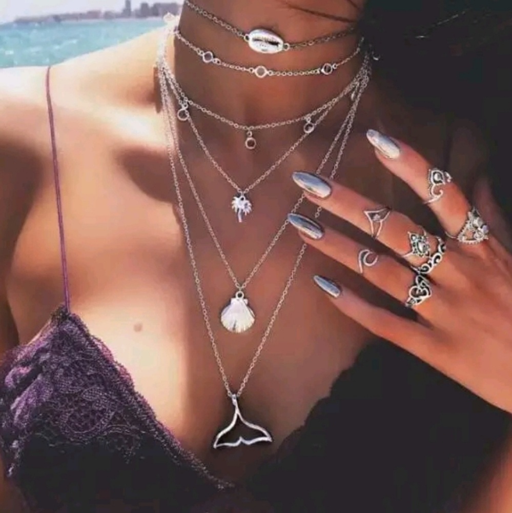 Silver Layered Beach Charm Necklace Set - Women